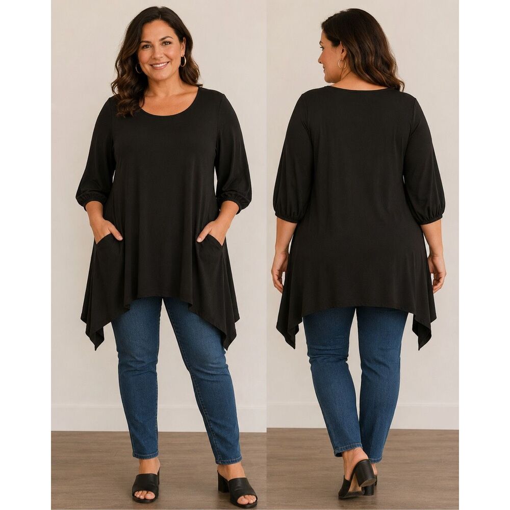 Tianello XL Black Tunic With Pockets 3/4 Bishop sleeve waterfall hem #200